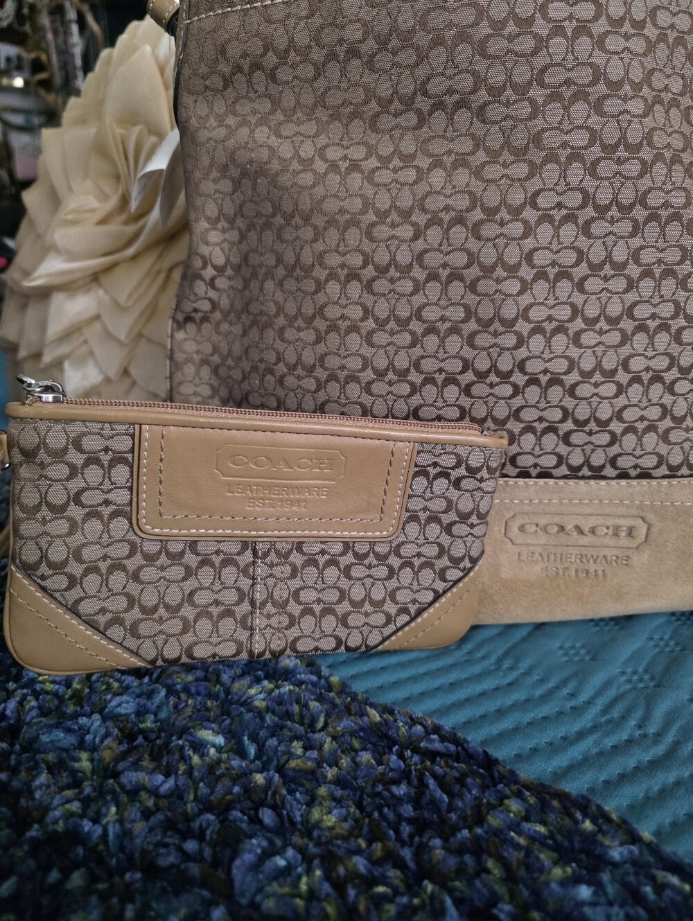 Coach Brown Signature Canvas Wristlet and Tote Set With Seude Bottom